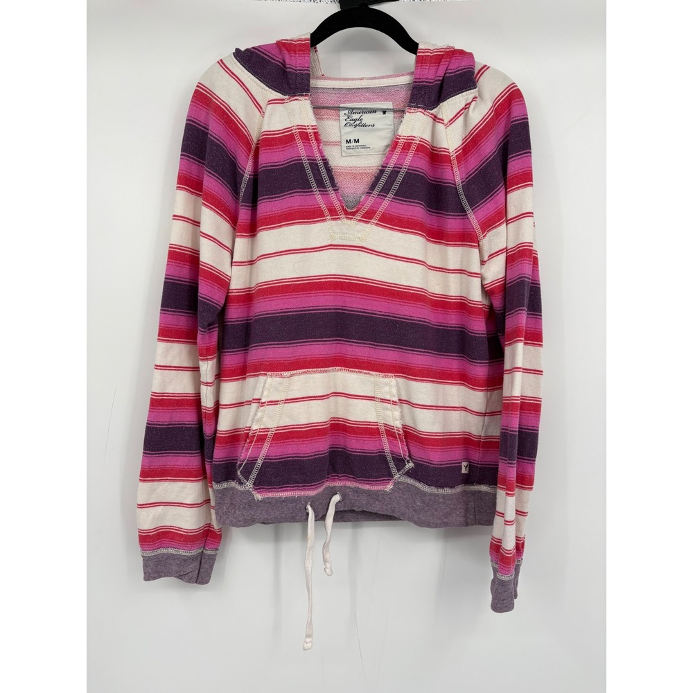 Y2K American Eagle Outfitters Womens Medium Striped V-Neck Hoodie Pink Purple